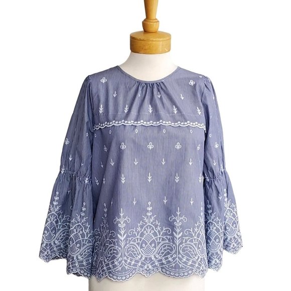 J. Crew Tunic Top Blue/White Pinstripe Embroidered Bell Sleeves Scalloped Sz S - Picture 2 of 8
